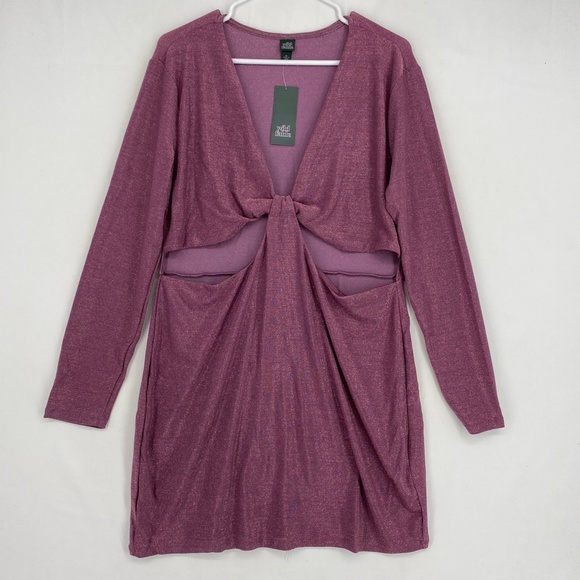 Wild Fable Juniors Size 1X Cut Out Bodycon Short Dress Purple Lurex Long Sleeves - Picture 2 of 9